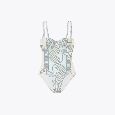 Tory Burch Printed Underwire One-piece Swimsuit In Grey