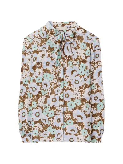 Tory Burch Printed Viscose Bow Blouse In Blau