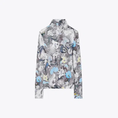 Tory Burch Printed Viscose Jersey Turtleneck In Blue Abstract Floral
