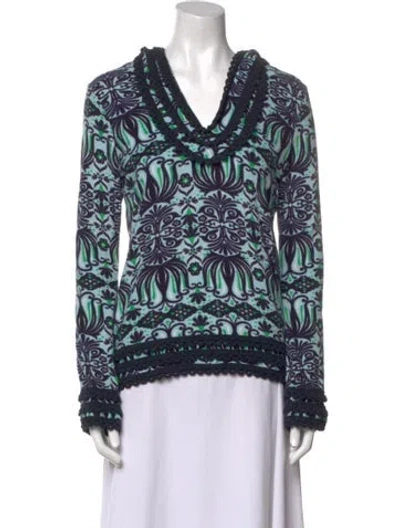 Pre-owned Tory Burch Printed V-neck Blouse In Blue