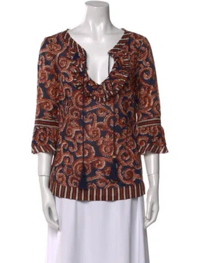 Pre-owned Tory Burch Printed V-neck Blouse In Blue