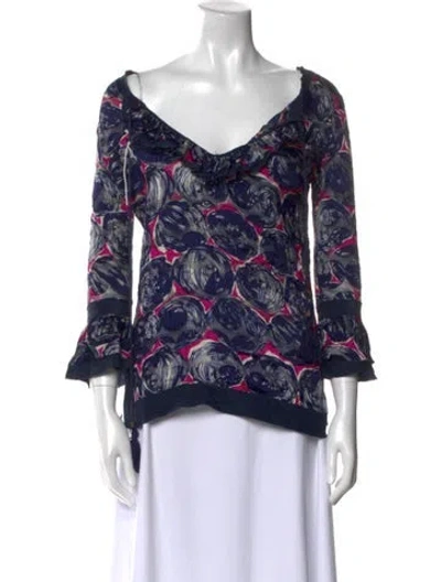 Pre-owned Tory Burch Printed V-neck Blouse In Blue