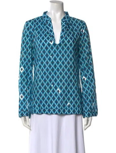 Pre-owned Tory Burch Printed V-neck Blouse In Blue