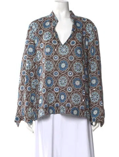 Pre-owned Tory Burch Printed V-neck Blouse In Blue