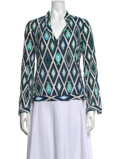 Pre-owned Tory Burch Printed V-neck Blouse In Blue