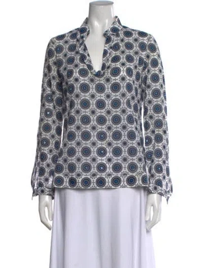 Pre-owned Tory Burch Printed V-neck Blouse In Blue
