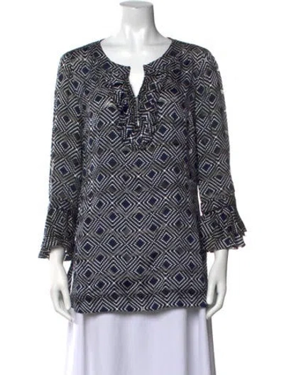 Pre-owned Tory Burch Printed V-neck Blouse In Blue