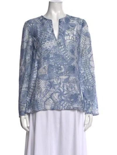 Pre-owned Tory Burch Printed V-neck Blouse In Blue