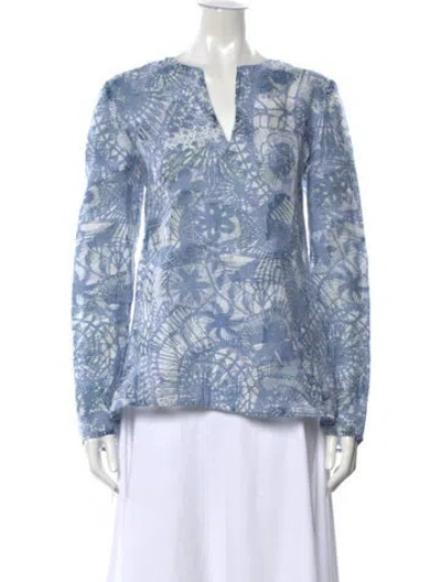 Pre-owned Tory Burch Printed V-neck Blouse In Blue