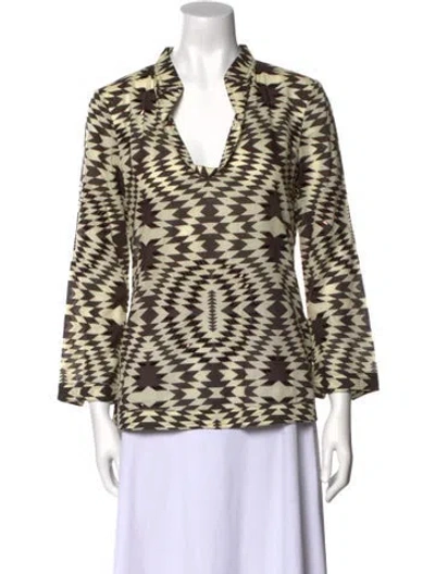 Pre-owned Tory Burch Printed V-neck Blouse In Brown