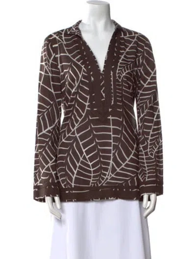 Pre-owned Tory Burch Printed V-neck Blouse In Brown