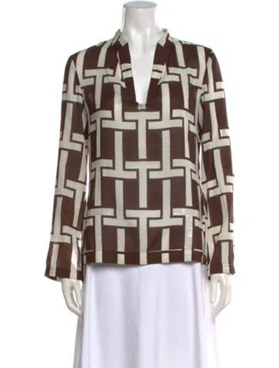 Pre-owned Tory Burch Printed V-neck Blouse In Brown