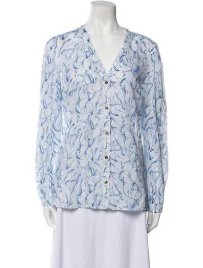 Pre-owned Tory Burch Printed V-neck Button-up Top In Blue