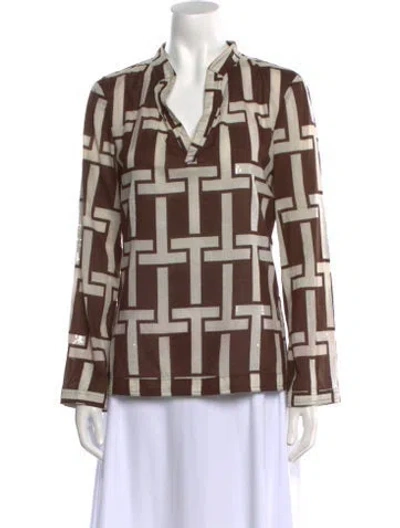 Pre-owned Tory Burch Printed V-neck Button-up Top In Brown