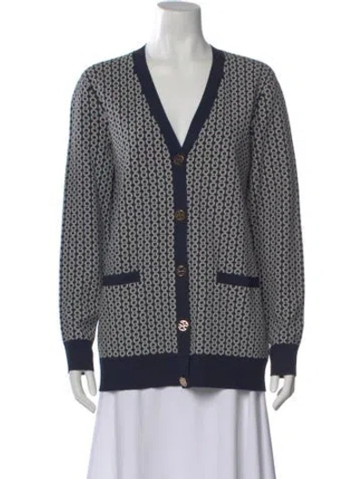 Pre-owned Tory Burch Printed V-neck Sweater In Blue