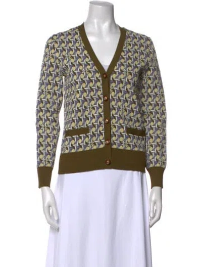 Pre-owned Tory Burch Printed V-neck Sweater In Green