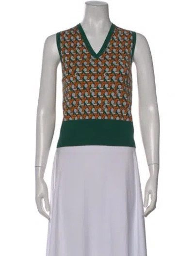 Pre-owned Tory Burch Printed V-neck Sweater In Green