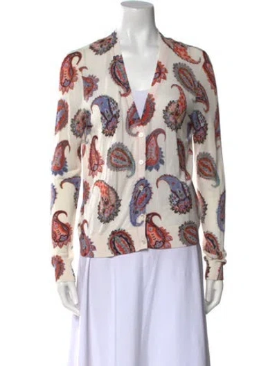 Pre-owned Tory Burch Printed V-neck Sweater In White
