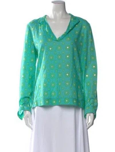 Pre-owned Tory Burch Printed V-neck Top In Blue