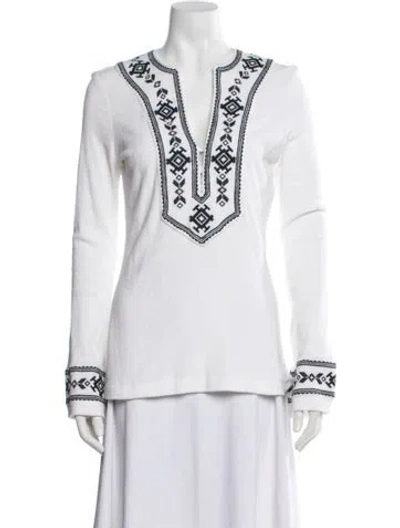 Pre-owned Tory Burch Printed V-neck Top In Blue