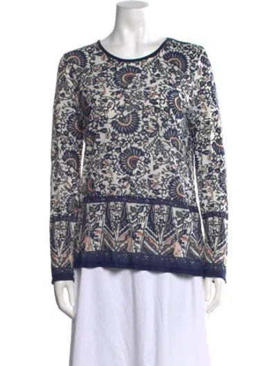 Pre-owned Tory Burch Printed V-neck Top In Blue