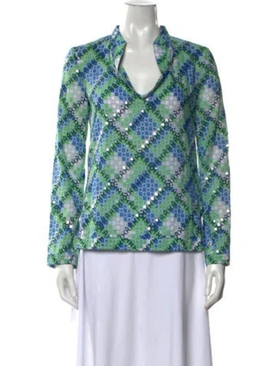 Pre-owned Tory Burch Printed V-neck Top In Blue/green