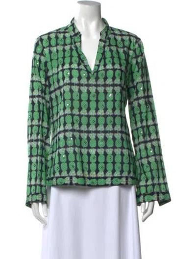 Pre-owned Tory Burch Printed V-neck Top In Green