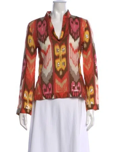 Pre-owned Tory Burch Printed V-neck Top In Orange