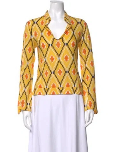 Pre-owned Tory Burch Printed V-neck Top In Yellow