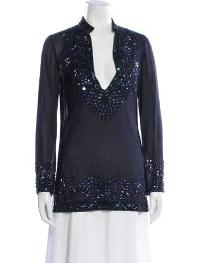 Pre-owned Tory Burch Printed V-neck Tunic In Black
