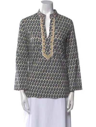 Pre-owned Tory Burch Printed V-neck Tunic In Blue