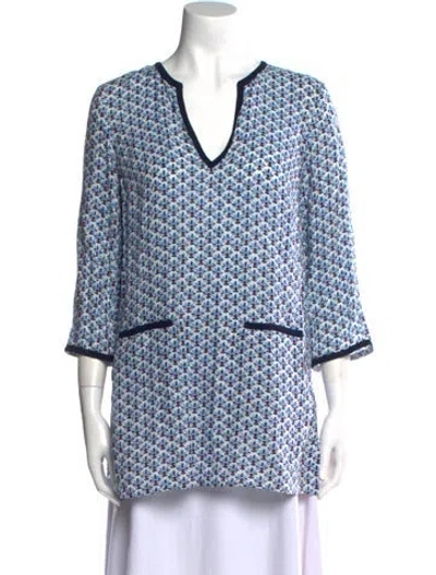Pre-owned Tory Burch Printed V-neck Tunic In Blue