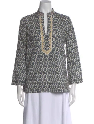 Pre-owned Tory Burch Printed V-neck Tunic In Blue