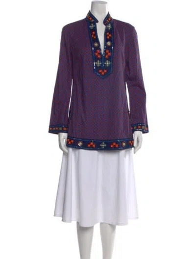 Pre-owned Tory Burch Printed V-neck Tunic In Blue