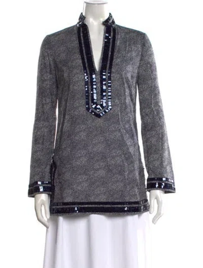 Pre-owned Tory Burch Printed V-neck Tunic In Blue