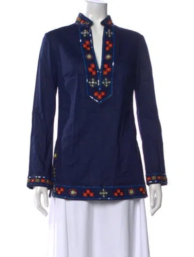 Pre-owned Tory Burch Printed V-neck Tunic In Blue