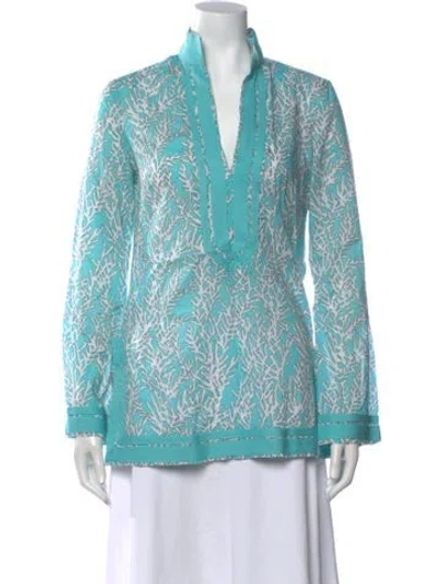 Pre-owned Tory Burch Printed V-neck Tunic In Blue