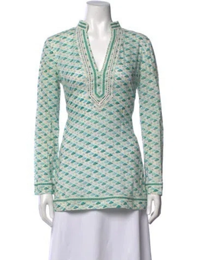 Pre-owned Tory Burch Printed V-neck Tunic In Blue