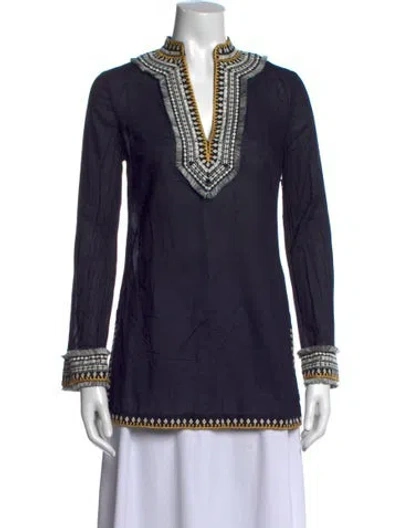 Pre-owned Tory Burch Printed V-neck Tunic In Blue
