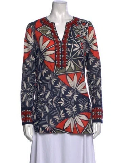 Pre-owned Tory Burch Printed V-neck Tunic In Blue/orange