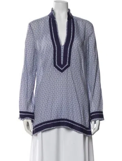 Pre-owned Tory Burch Printed V-neck Tunic In Blue/white