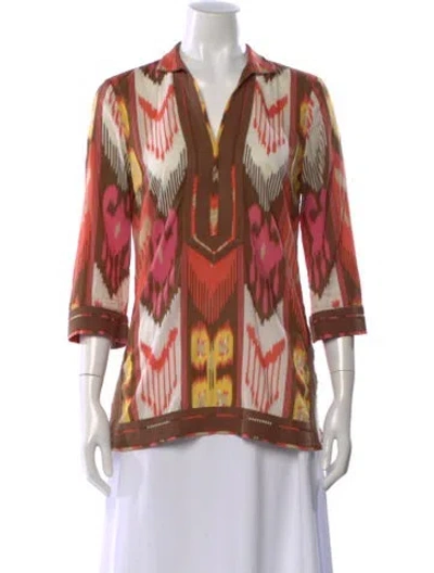 Pre-owned Tory Burch Printed V-neck Tunic In Brown