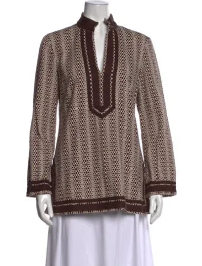 Pre-owned Tory Burch Printed V-neck Tunic In Brown/neutrals