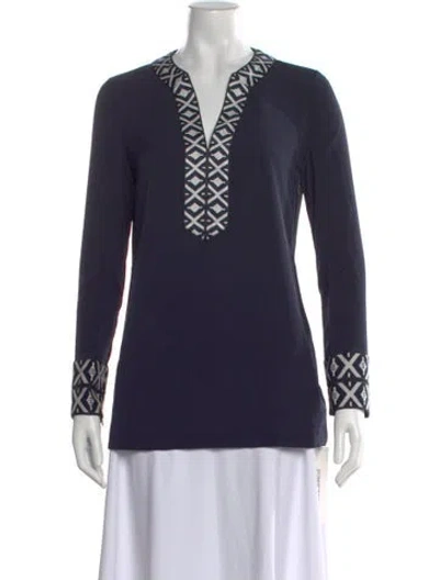 Pre-owned Tory Burch Printed V-neck Tunic W/ Tags In Blue