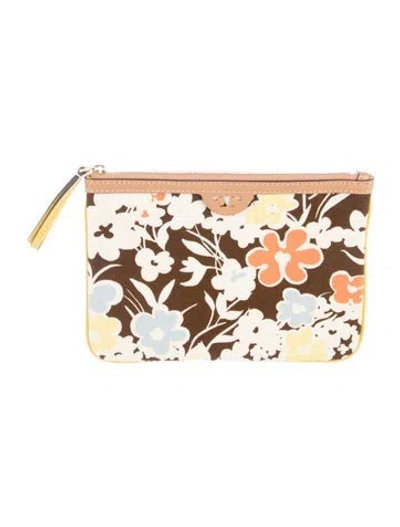 Pre-owned Tory Burch Printed Zip Pouch With Leather Trim In Brown
