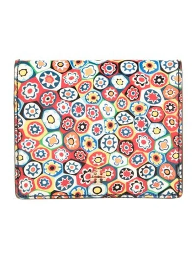 Pre-owned Tory Burch Pvc Floral Print Bifold Wallet In Blue/orange/red