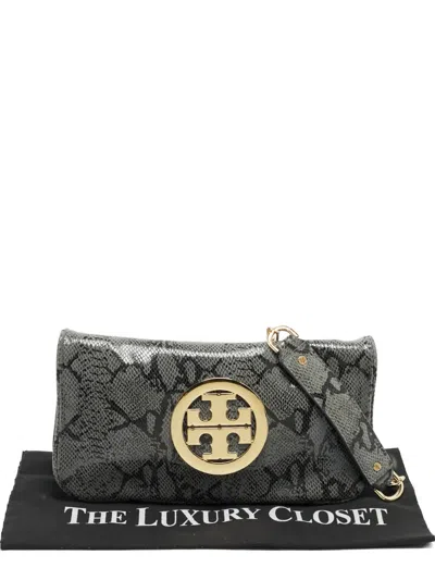 Pre-owned Tory Burch Python Suede Shoulder Bag In Gray