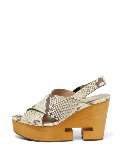 Pre-owned Tory Burch Python-embossed Cork Wedge Sandals In Neutral