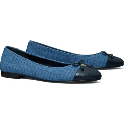 Tory Burch Embellished Leather-trimmed Ballet Flats In Blue