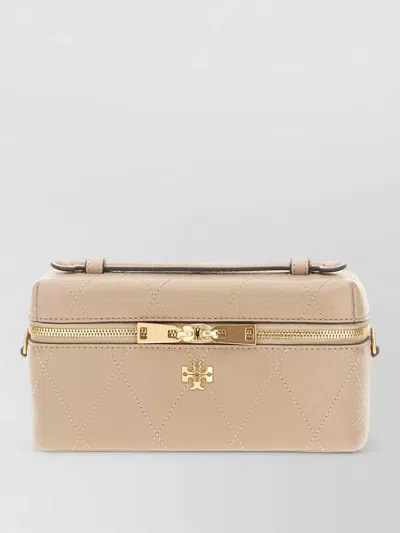 Tory Burch Quilted Leather Beauty Case Top Handle In Brown
